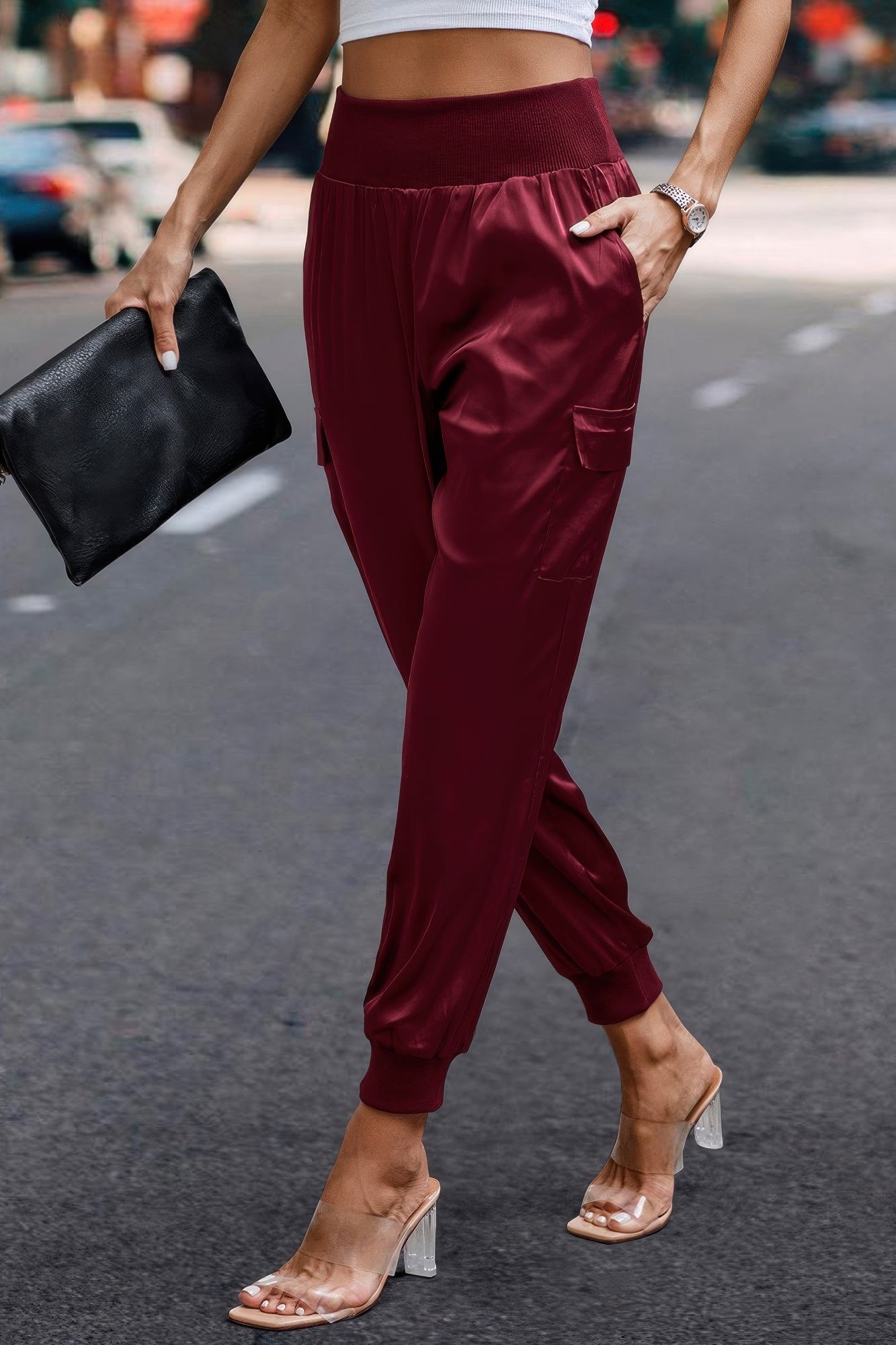 VacationGrabs women's satin cargo joggers in maroon with elastic waist and pockets