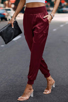 VacationGrabs women's satin cargo joggers in maroon with elastic waist and pockets