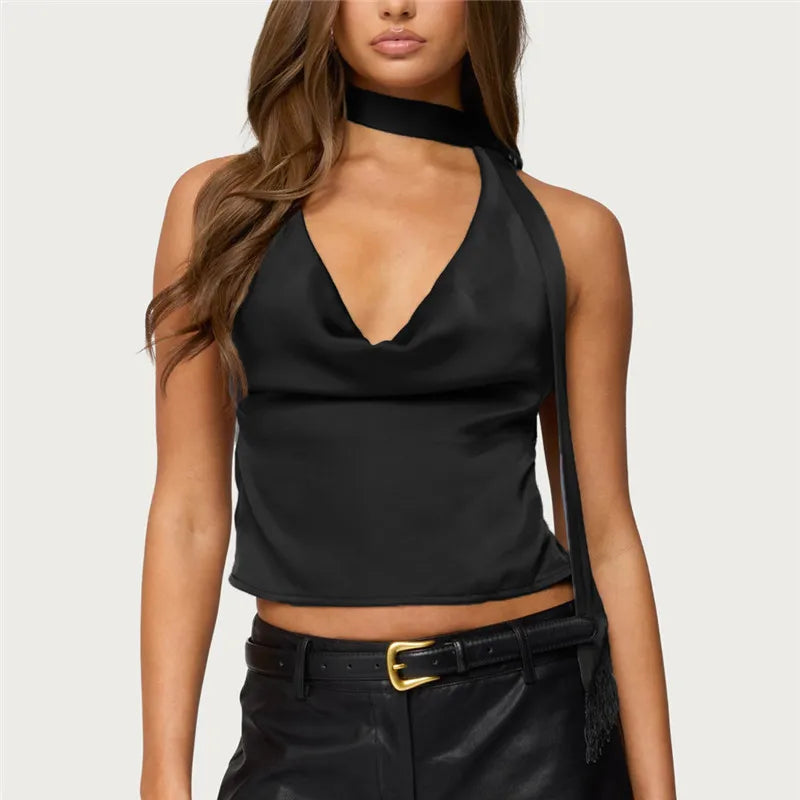 Women's black satin halter top for stylish summer outings