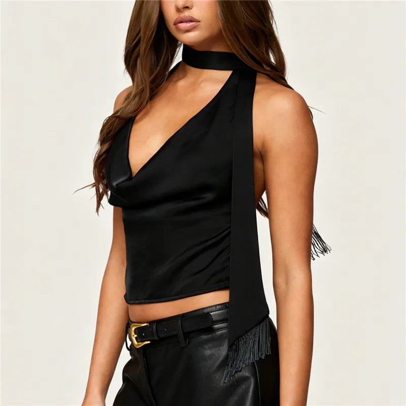 Black satin halter top with fringe detail for stylish evening wear