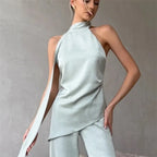 Women's satin halter top in light green for stylish outings