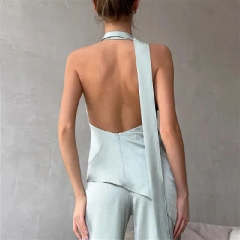Women's light blue satin halter top for stylish summer outings