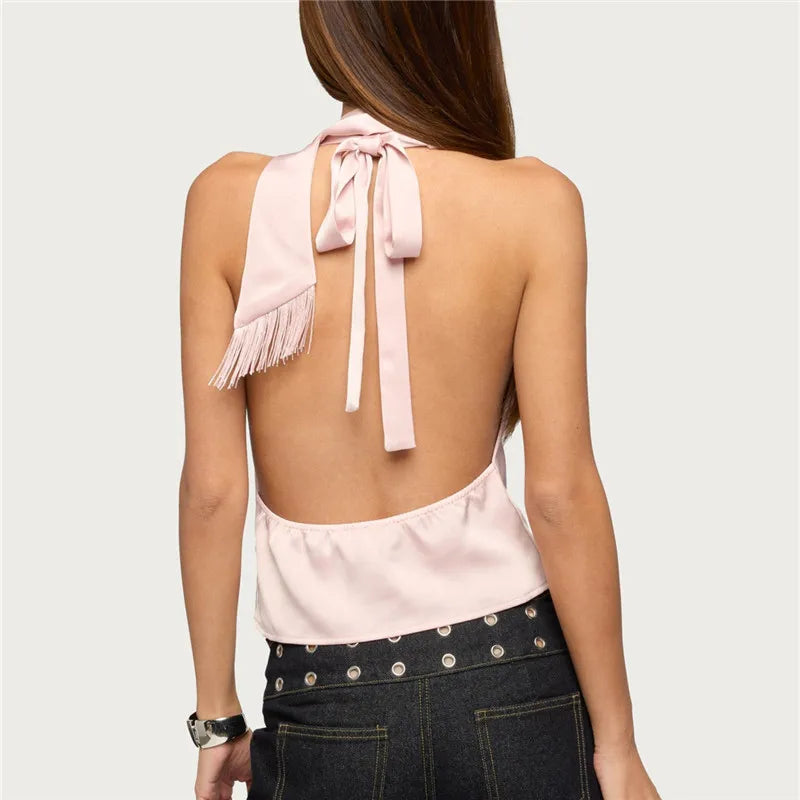 Women's blush satin halter top, stylish for summer outings
