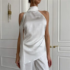 women's satin halter top in white, stylish for casual outings