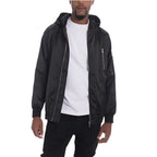WEIV satin hooded windbreaker jacket in black worn over white t-shirt with zippered pockets