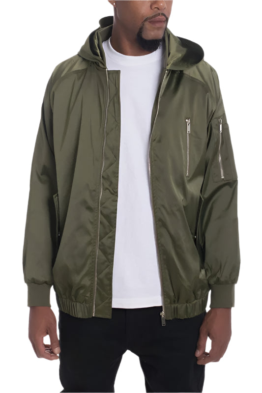 WEIV satin hooded windbreaker jacket in olive green with zippered pockets and relaxed fit