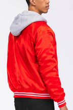 Red satin jacket vacation style with gray hoodie and striped cuffs for trendy summer outings