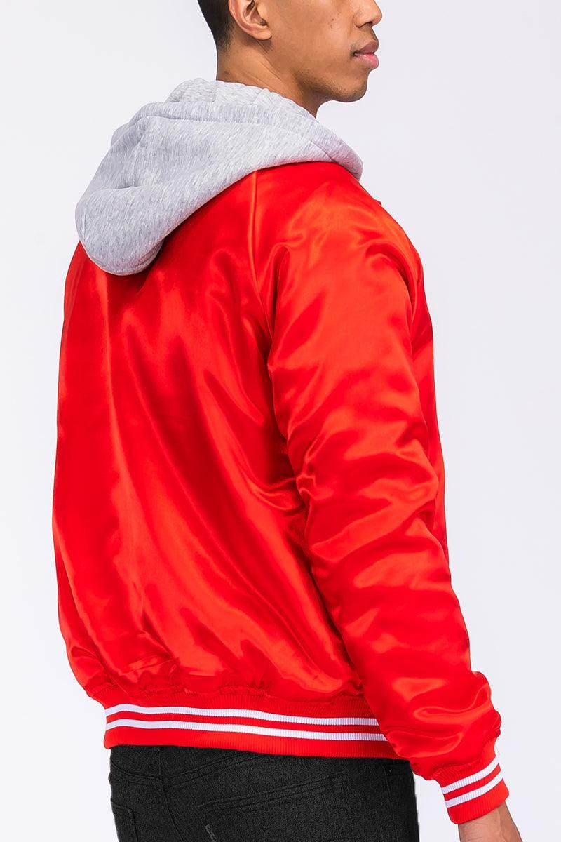 Red satin jacket vacation style with gray hoodie and striped cuffs for trendy summer outings