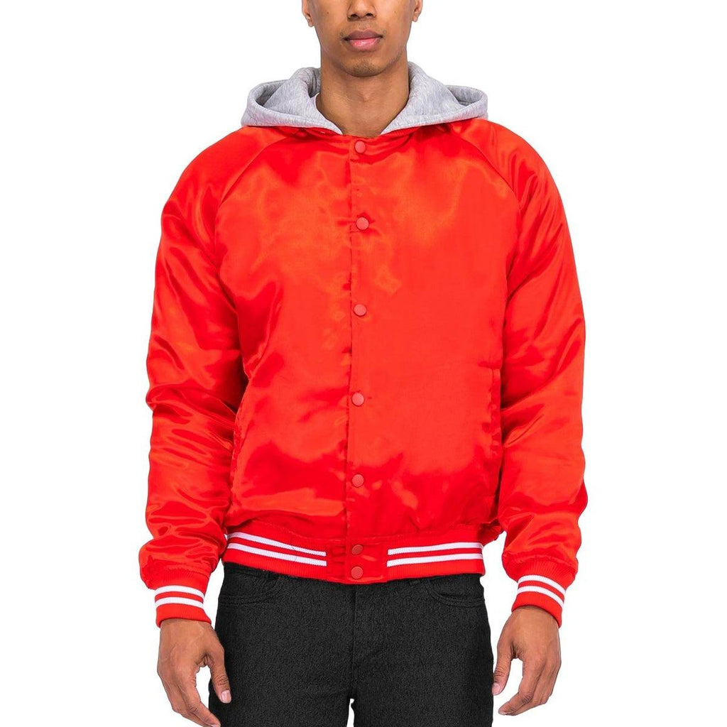 Men's Red Satin Jacket Vacation Style with Gray Hood and Striped Cuffs for Casual Outings