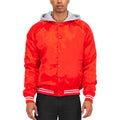 Men's Red Satin Jacket Vacation Style with Gray Hood and Striped Cuffs for Casual Outings