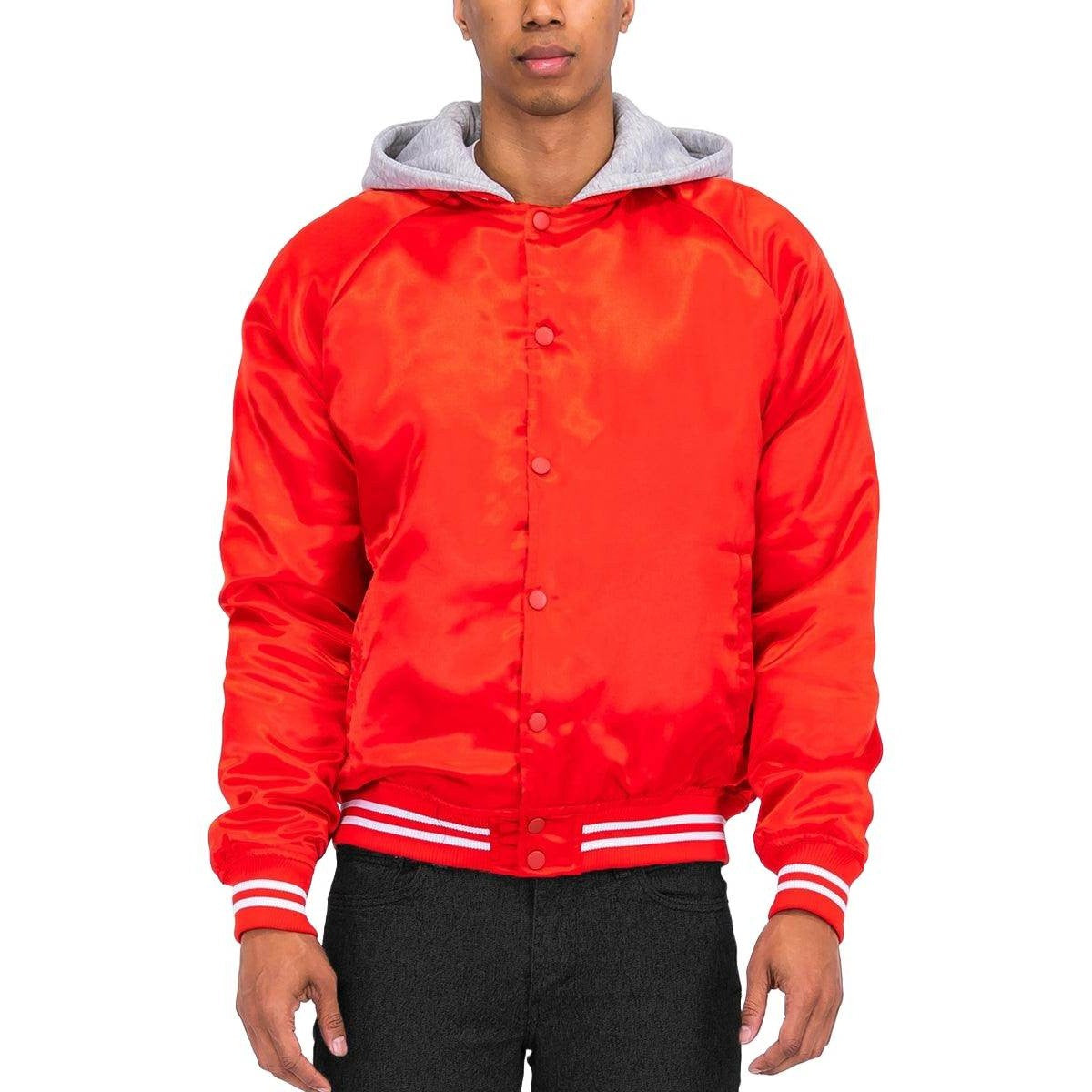 Men's Red Satin Jacket Vacation Style with Gray Hood and Striped Cuffs for Casual Outings