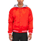 Men's Red Satin Jacket Vacation Style with Gray Hood and Striped Cuffs for Casual Outings