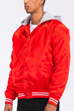 Men's red satin jacket vacation style with gray hood and striped cuffs for a trendy look