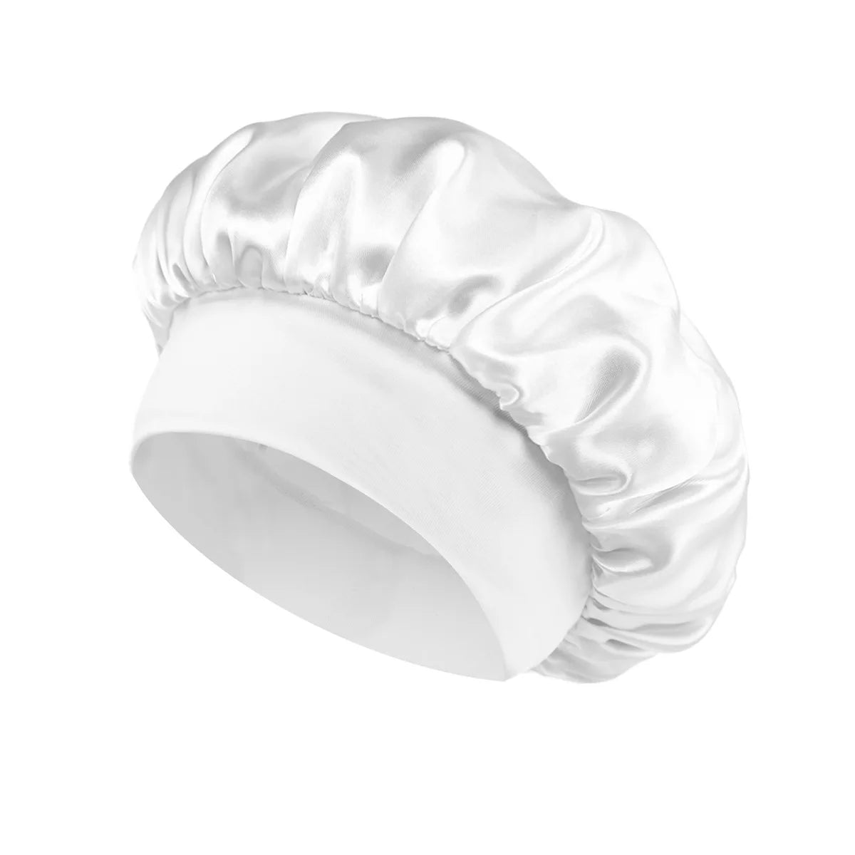 White satin lined hair bonnet for long hair, perfect for nighttime use