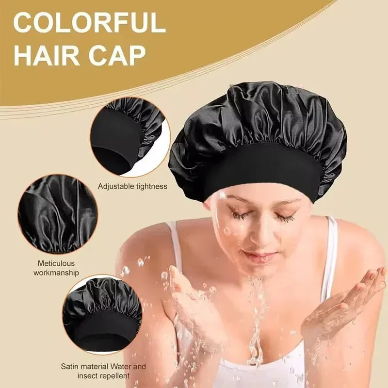 Satin lined hair bonnet for long hair, adjustable and water-repellent