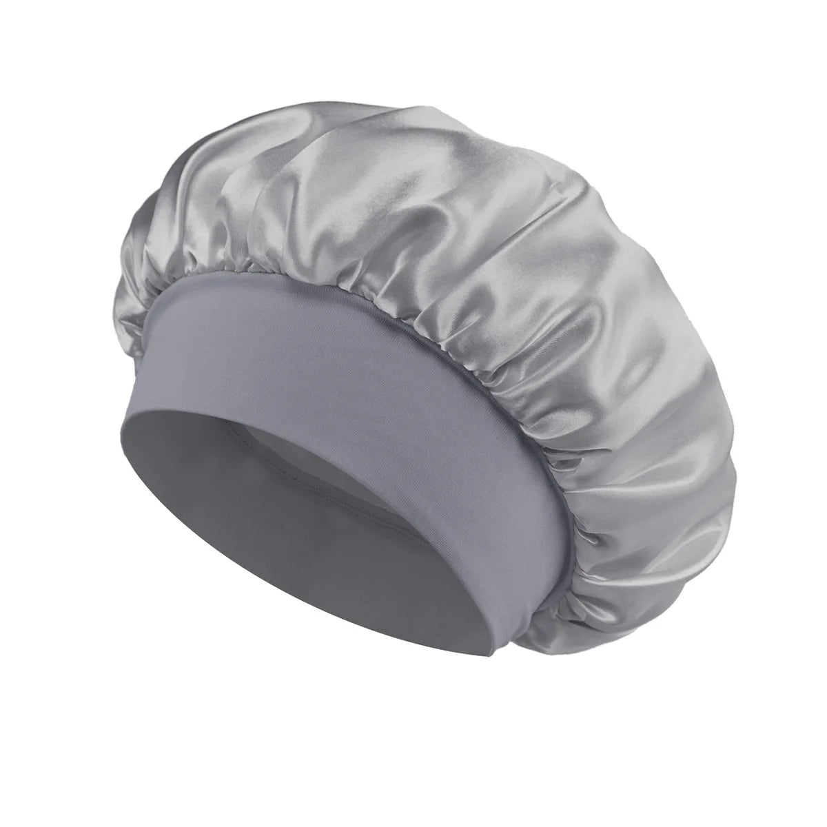 Gray satin lined hair bonnet for long hair, protects curls overnight