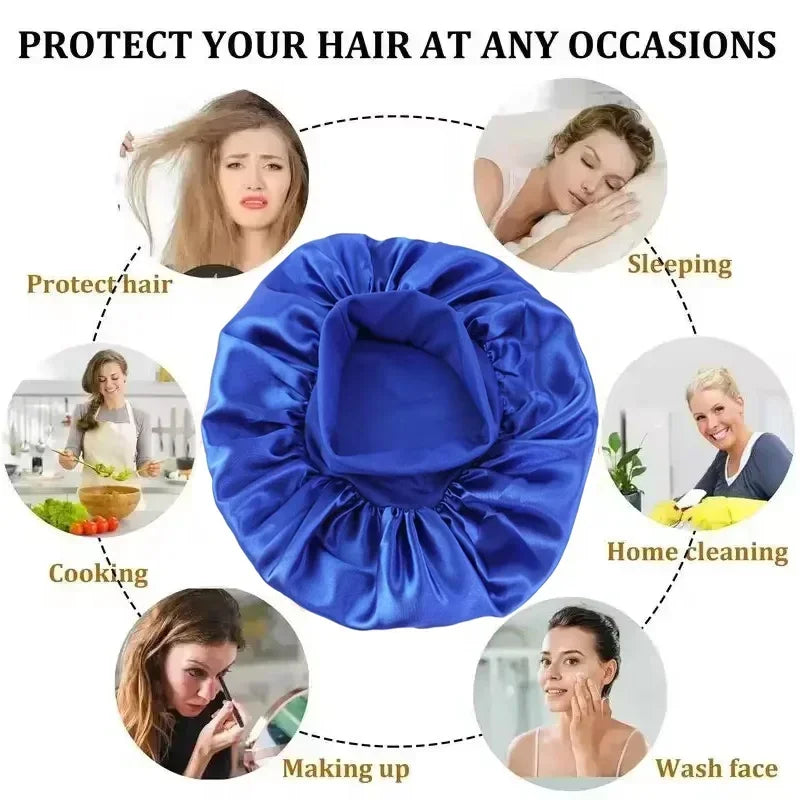 Blue satin lined hair bonnet for long hair, protects during sleep and activities