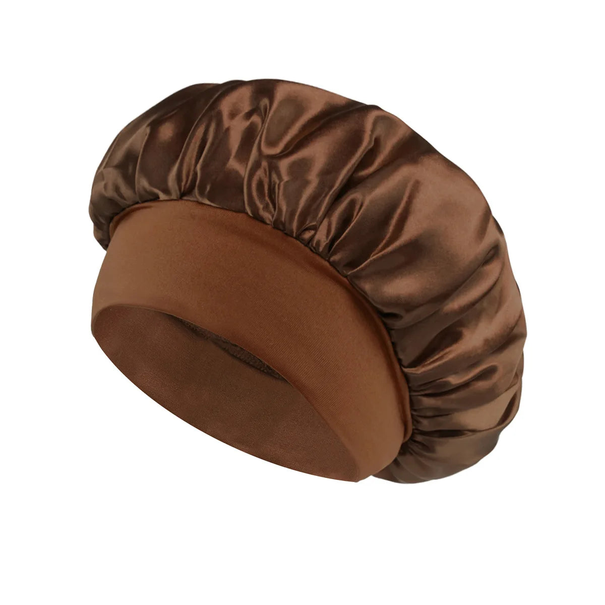 Brown satin lined hair bonnet for long hair, keeps hair smooth