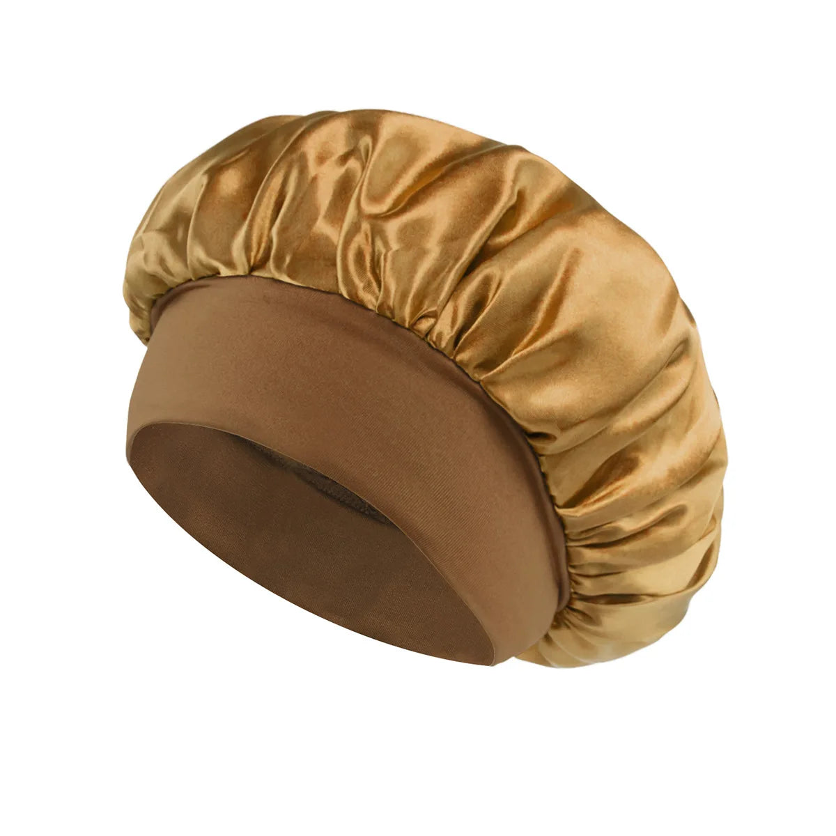 Satin lined hair bonnet for long hair in gold and brown colors