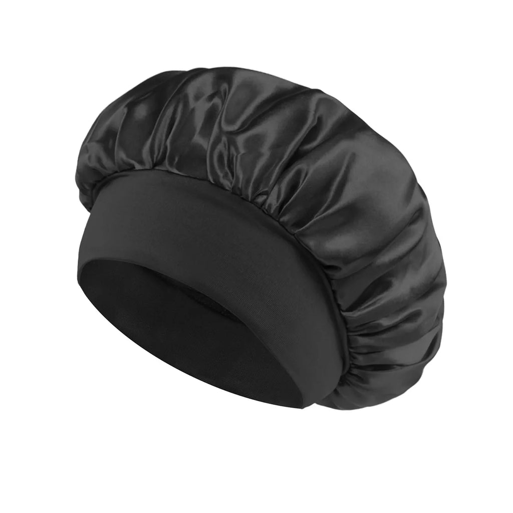 Black satin lined hair bonnet for long hair, perfect for overnight protection