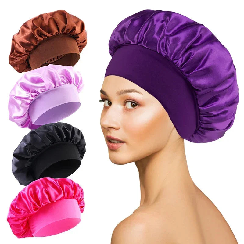 Purple satin lined hair bonnet for long hair, ideal for protecting hairstyles