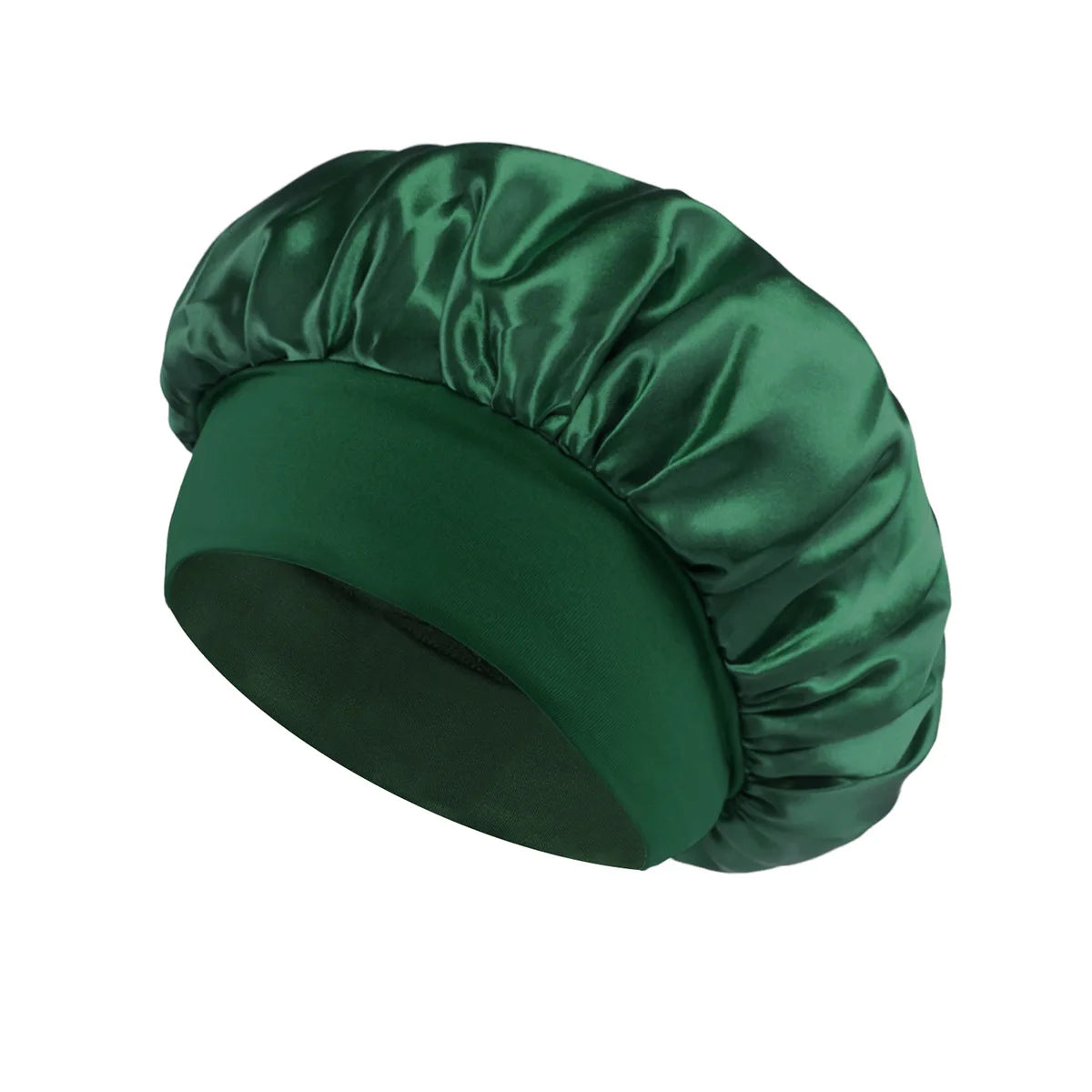 Green satin lined hair bonnet for long hair, perfect for overnight protection