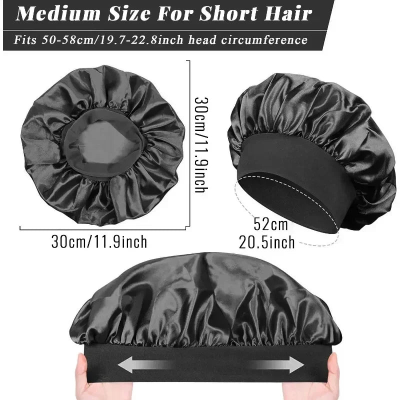 Satin lined hair bonnet for long hair, adjustable fit, black color