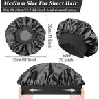 Satin lined hair bonnet for long hair, adjustable fit, black color