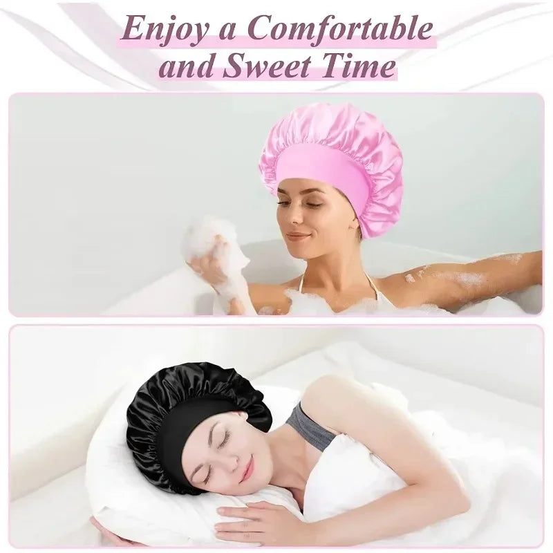 Satin lined hair bonnet for long hair, pink and black options for comfort