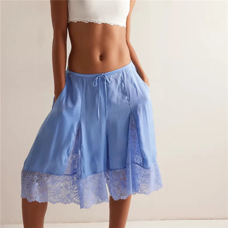 Women's satin pajamas in light blue with lace trim for comfort