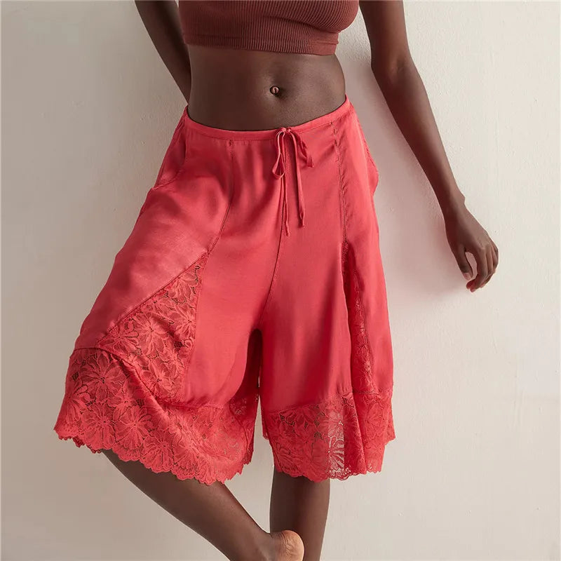 Women's coral satin pajamas shorts with elegant lace trim