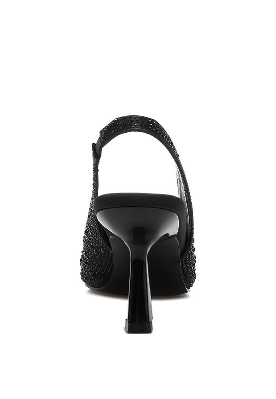 Women's satin pearl slingback sandals, black, stylish for evening events