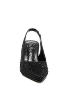 Women's satin pearl slingback sandals, elegant black design with embellishments