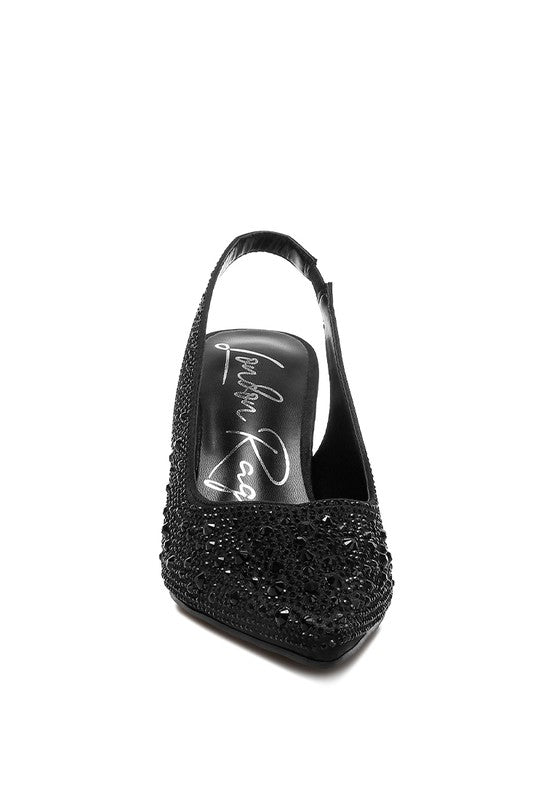 Women's satin pearl slingback sandals, elegant black design with embellishments
