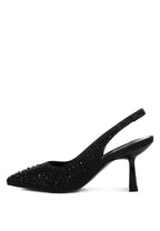 Women's satin pearl slingback sandals in black, perfect for evening wear