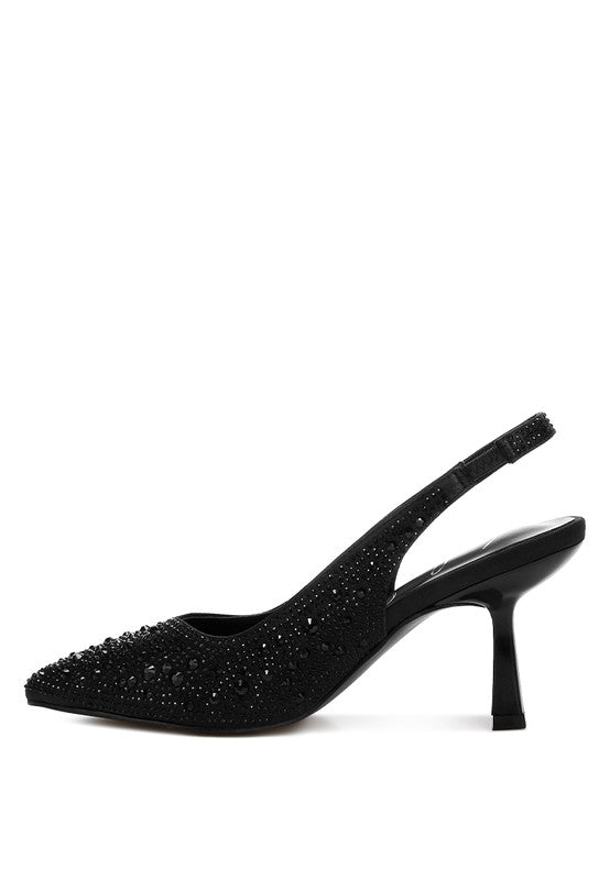 Women's satin pearl slingback sandals in black, perfect for evening wear