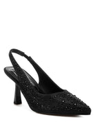 Women’s black satin pearl slingback sandals with decorative embellishments