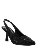 Women’s black satin pearl slingback sandals with decorative embellishments