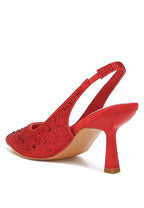 Women's satin pearl slingback sandals in red with a stylish heel