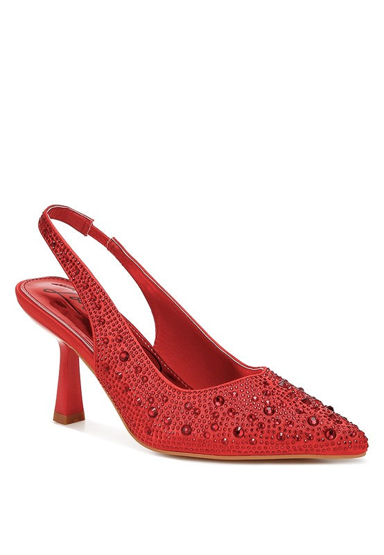 Women's red satin pearl slingback sandals for formal occasions
