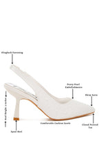 Women's satin pearl slingback sandals with comfortable cushion insole and closed pointed toe