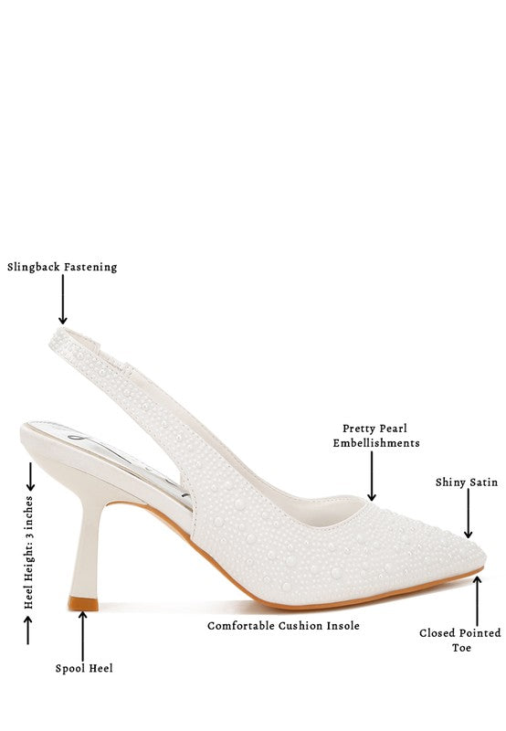Women's satin pearl slingback sandals with comfortable cushion insole and closed pointed toe