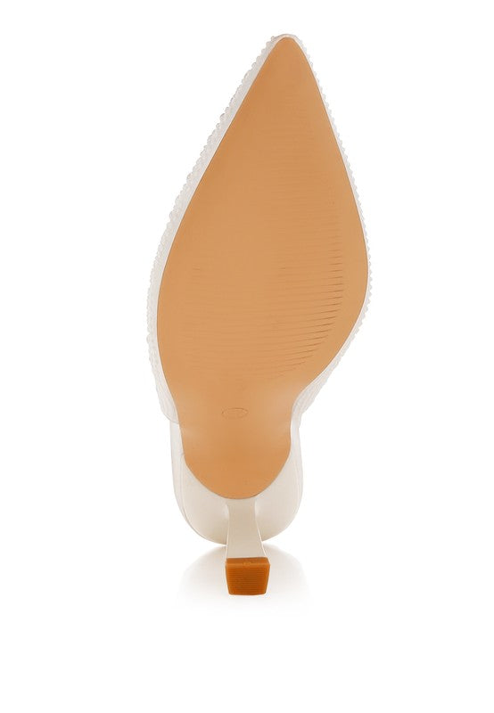 Women's satin pearl slingback sandals with pointed toe design