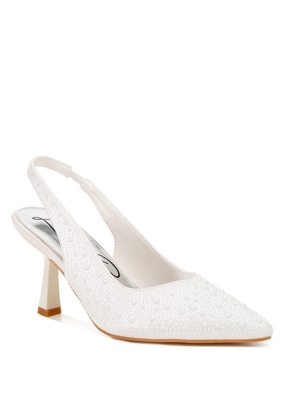 Women's satin pearl slingback sandals, elegant white for special occasions