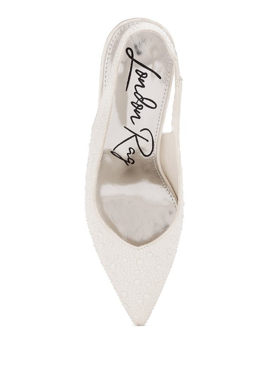 Women's satin pearl slingback sandals, elegant dress wear