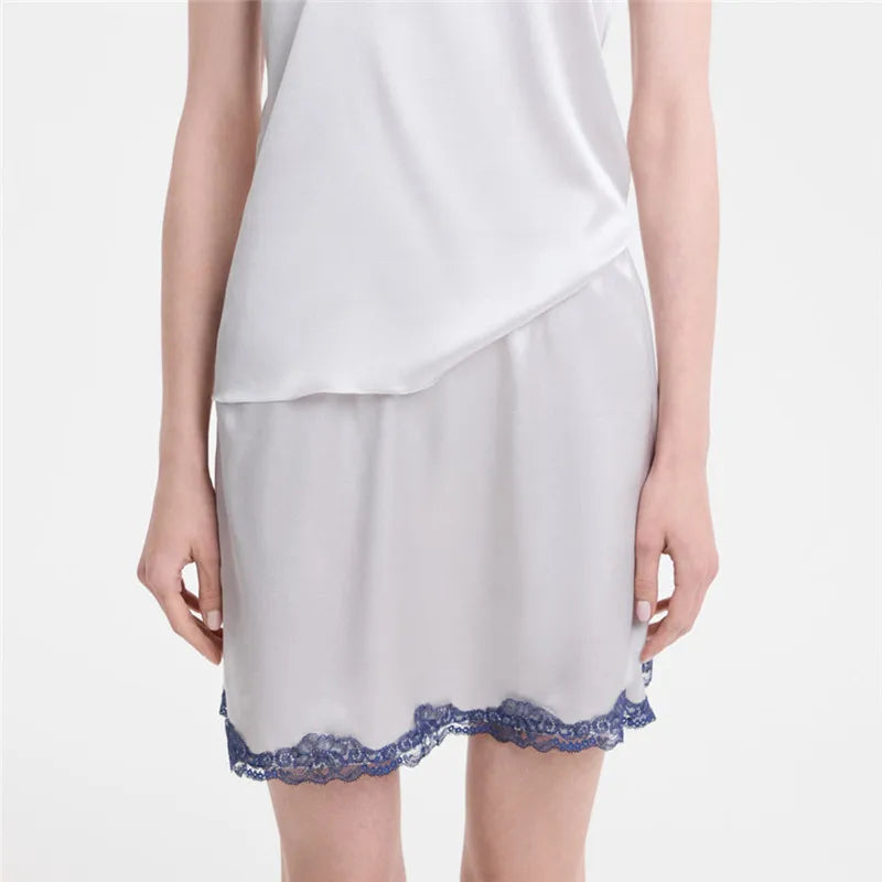 Women's white satin skirt with blue lace trim for elegant occasions