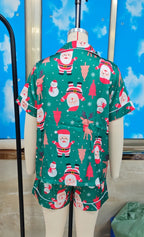 Holiday-themed satin sleepwear sets in vibrant green with festive prints