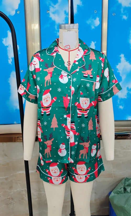 Festive green satin sleepwear sets with Santa and reindeer print