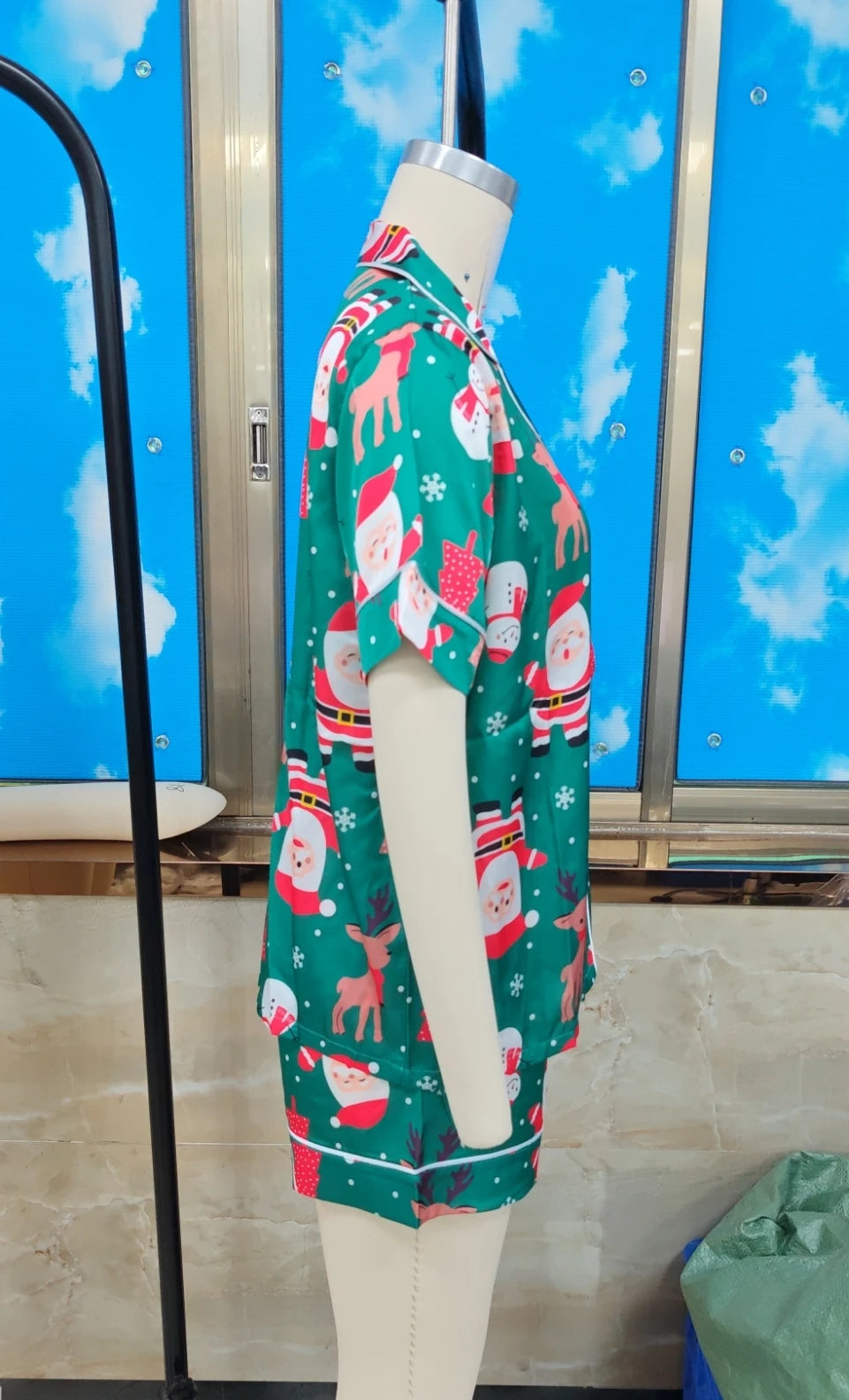 Green satin sleepwear sets with holiday prints for cozy nights