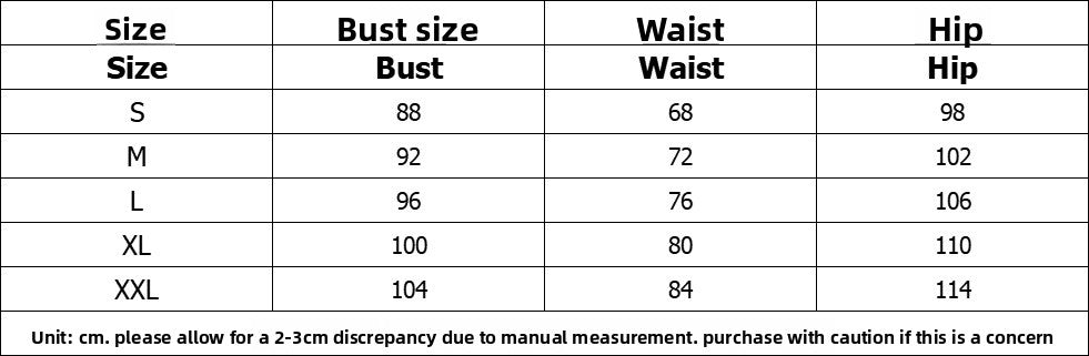 Size chart for SHOMICOBOUTIQUE satin slip dress with measurements for bust, waist, and hip sizes